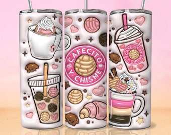 3D Cafecito y Chisme Inflated Tumbler Wrap, 3D Pan Dulce Tumbler, Mexican Gifts, Puffy Coffee Tumbler, Conchas Mexicanas, Digital Download