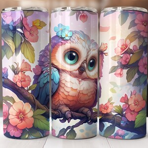 Słodka sowa na gałęzi w lesie 20 oz Skinny Tumbler Sublimacja Design, proste i stożkowe opakowanie na kubek, natychmiastowe pobieranie cyfrowe PNG