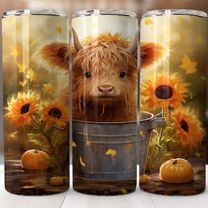 Cute Baby Highland Cow in Bucket 20 oz Skinny Tumbler Sublimation Design, Straight And Tapered Tumbler Wrap, Instant Digital Download PNG