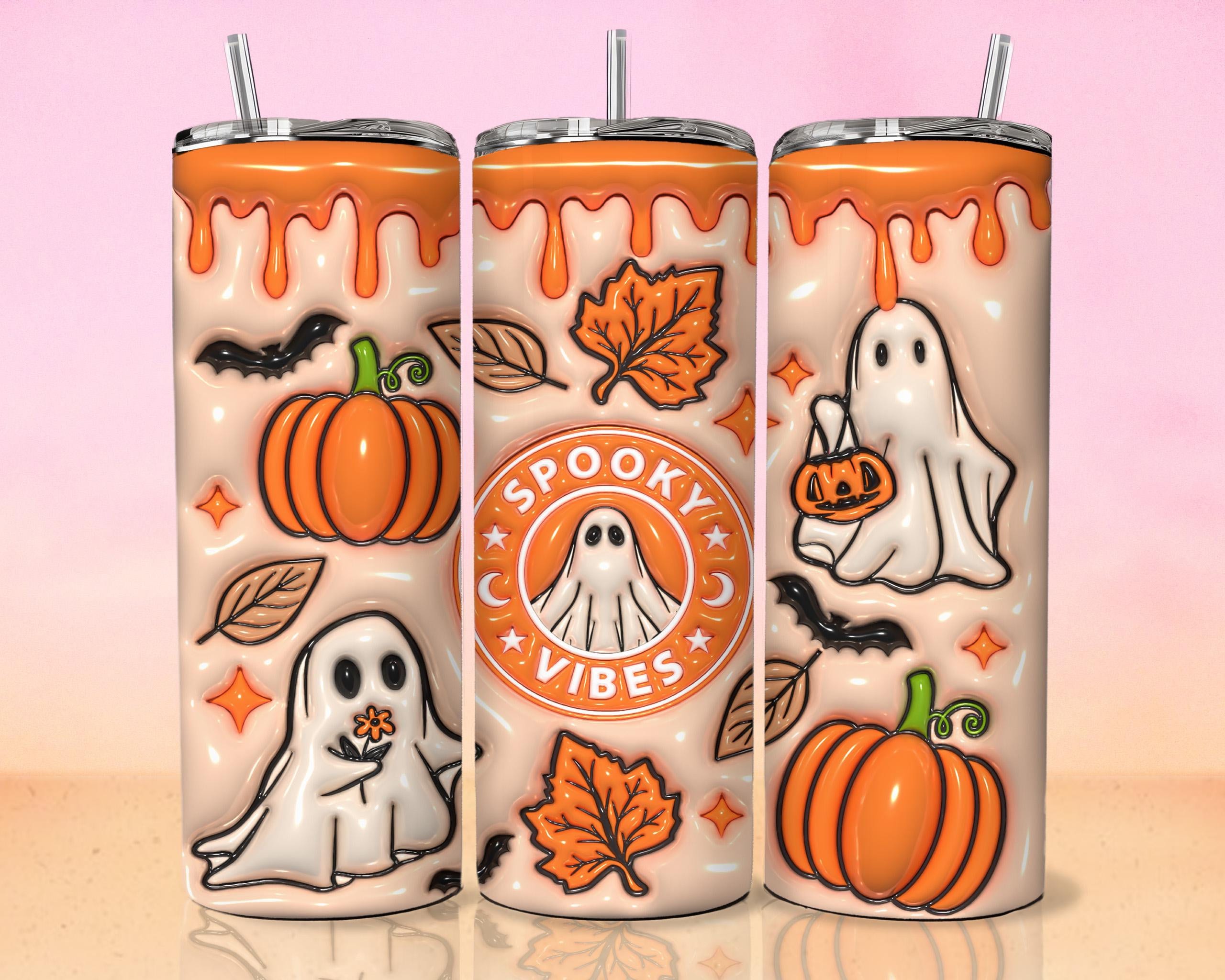 3D Spooky Vibes Inflated Tumbler Wrap PNG, 3D Puffy Pumpkin 20oz Tumbler Sublimation Puffy Pink Halloween, 3D Ghost Tumbler Digital Download