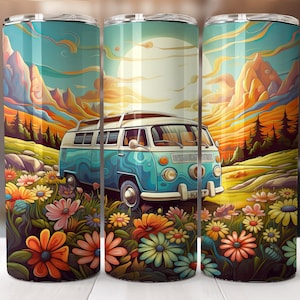 May include: A blue and white vintage van with a flower pattern on the side, driving through a colourful landscape with mountains in the background. The van has a yellow sun on the roof and the text "PUTTY" on the back. The landscape is filled with colourful flowers.
