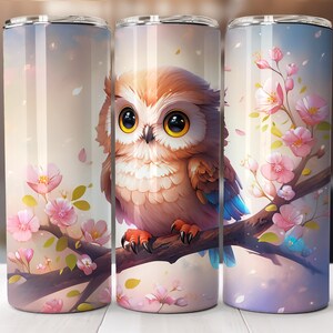 Słodka sowa z kreskówek na gałęzi 20 oz Skinny Tumbler Sublimacja Design, Prosta i zwężana folia do kubków, Natychmiastowe pobieranie cyfrowe PNG