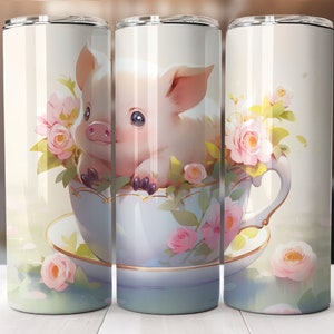 Lindo bebé dibujos animados cerdo en taza de té 20 oz diseño de sublimación de vaso delgado, envoltura de vaso recto y cónico, descarga digital instantánea PNG