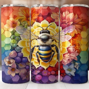 Bumble Bee on Rainbow Honeycomb 20 oz Skinny Tumbler Sublimation Design, Straight And Tapered Tumbler Wrap, Instant Digital Download PNG image 1