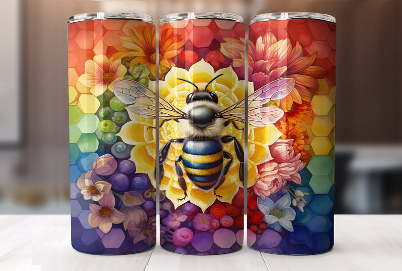 Bumble Bee on Rainbow Honeycomb 20 oz Skinny Tumbler Sublimation Design, Straight And Tapered Tumbler Wrap, Instant Digital Download PNG image 1