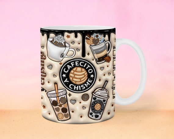 3D Cafecito y Chisme Inflated Mug 11oz 15oz, 3D Pan Dulce Mug, Mexican Gifts, Puffy Coffee Mug, Conchas Mexicanas, Digital Download