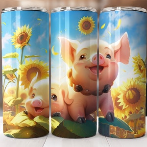 Lindos cerdos de dibujos animados en flores Diseño de sublimación de vaso flaco de 20 oz, envoltura de vaso recto y cónico, descarga digital instantánea PNG Kids