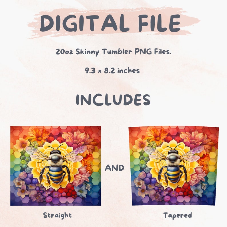 Bumble Bee on Rainbow Honeycomb 20 oz Skinny Tumbler Sublimation Design, Straight And Tapered Tumbler Wrap, Instant Digital Download PNG image 2