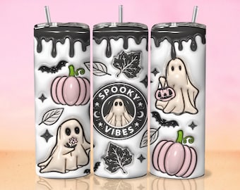 3D Spooky Vibes Inflated Tumbler Wrap PNG, 3D Puffy Pumpkin 20oz Tumbler Sublimation Puffy Halloween, 3D Ghost Tumbler Digital Download