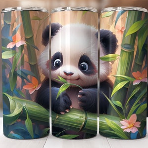 Cute Panda Eating Bamboo 20 oz Skinny Tumbler Sublimation Design, Straight And Tapered Tumbler Wrap, Instant Digital Download PNG