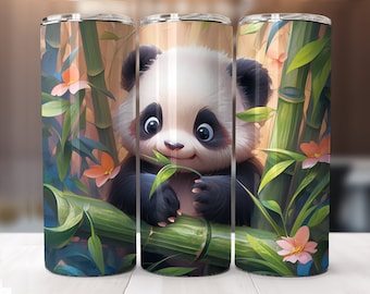 Cute Panda Eating Bamboo 20 oz Skinny Tumbler Sublimation Design, Straight And Tapered Tumbler Wrap, Instant Digital Download PNG