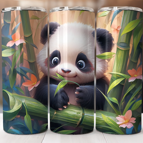 Cute Panda Eating Bamboo 20 oz Skinny Tumbler Sublimation Design, Straight And Tapered Tumbler Wrap, Instant Digital Download PNG