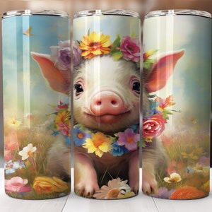 Lindo bebé cerdito con flores Diseño de sublimación de vaso flaco de 20 oz, Envoltura de vaso recto y cónico, Descarga digital instantánea PNG Niños