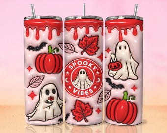 3D Spooky Vibes Inflated Tumbler Wrap PNG, 3D Puffy Pumpkin 20oz Tumbler Sublimation Puffy Red Halloween, 3D Ghost Tumbler Digital Download