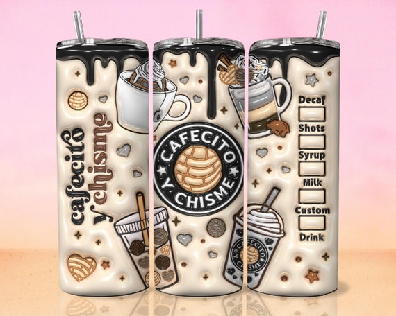 3D Inflated Cafecito Tumbler Wrap Cafecito y Chisme Tumbler, 3D Pan Dulce Tumbler, Mexican Gifts, Puffy Coffee Tumbler, Conchas Mexicanas