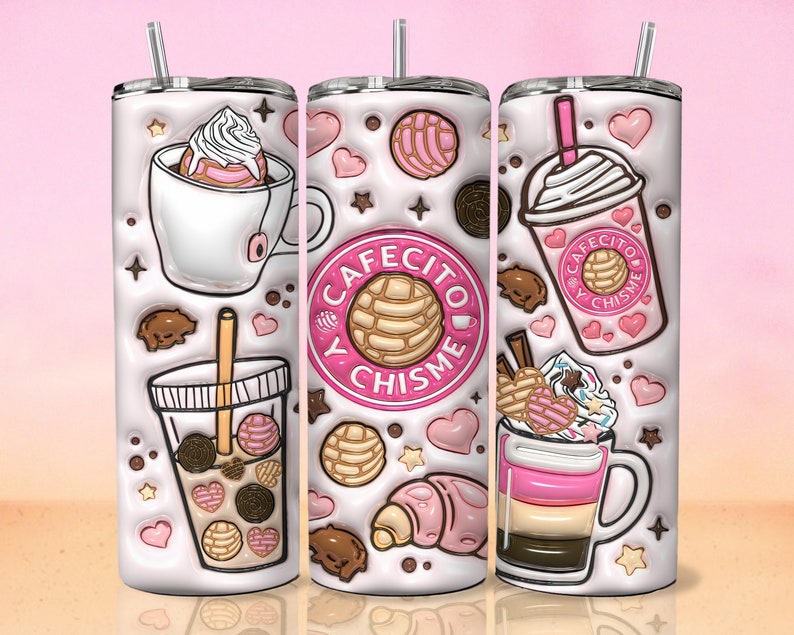 3D Cafecito y Chisme Inflated Tumbler Wrap, 3D Pan Dulce Tumbler, Mexican Gifts, Puffy Coffee Tumbler, Conchas Mexicanas, Digital Download image 1