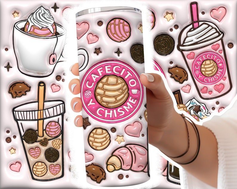 3D Cafecito y Chisme Inflated Tumbler Wrap, 3D Pan Dulce Tumbler, Mexican Gifts, Puffy Coffee Tumbler, Conchas Mexicanas, Digital Download image 2