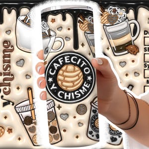 3D Uppblåst Cafecito Tumbler Wrap Cafecito y Chisme Tumbler, 3D Pan Dulce Tumbler, Mexikanska presenter, Puffy Coffee Tumbler, Conchas Mexicanas bild 2