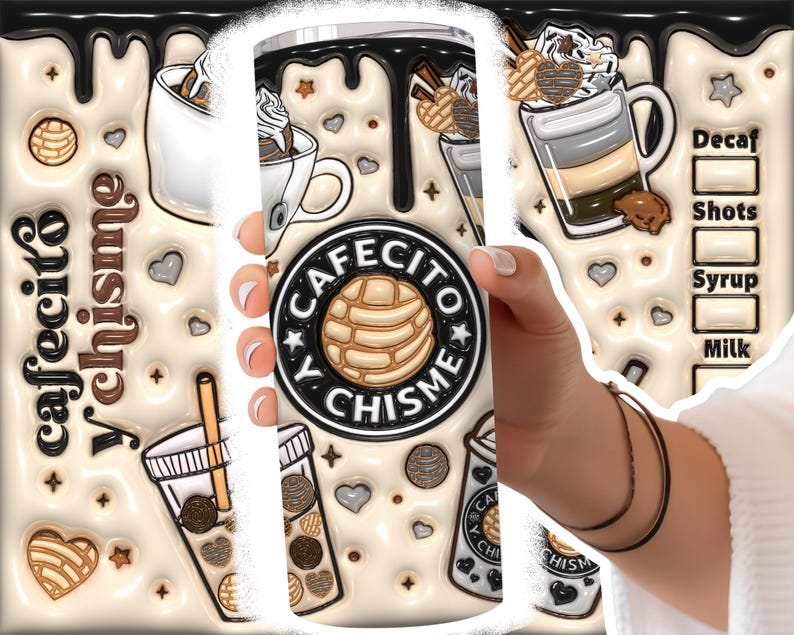 3D Uppblåst Cafecito Tumbler Wrap Cafecito y Chisme Tumbler, 3D Pan Dulce Tumbler, Mexikanska presenter, Puffy Coffee Tumbler, Conchas Mexicanas bild 2