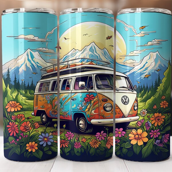 Retro Hippie Van Sunset Flowers 20 oz Skinny Tumbler Sublimation Design, Straight And Tapered Tumbler Wrap, Instant Digital Download PNG