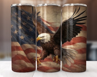 American Eagle Flying Flag July 4th 20 oz Skinny Tumbler Sublimation Design, Straight And Tapered Tumbler Wrap, Instant Digital Download PNG
