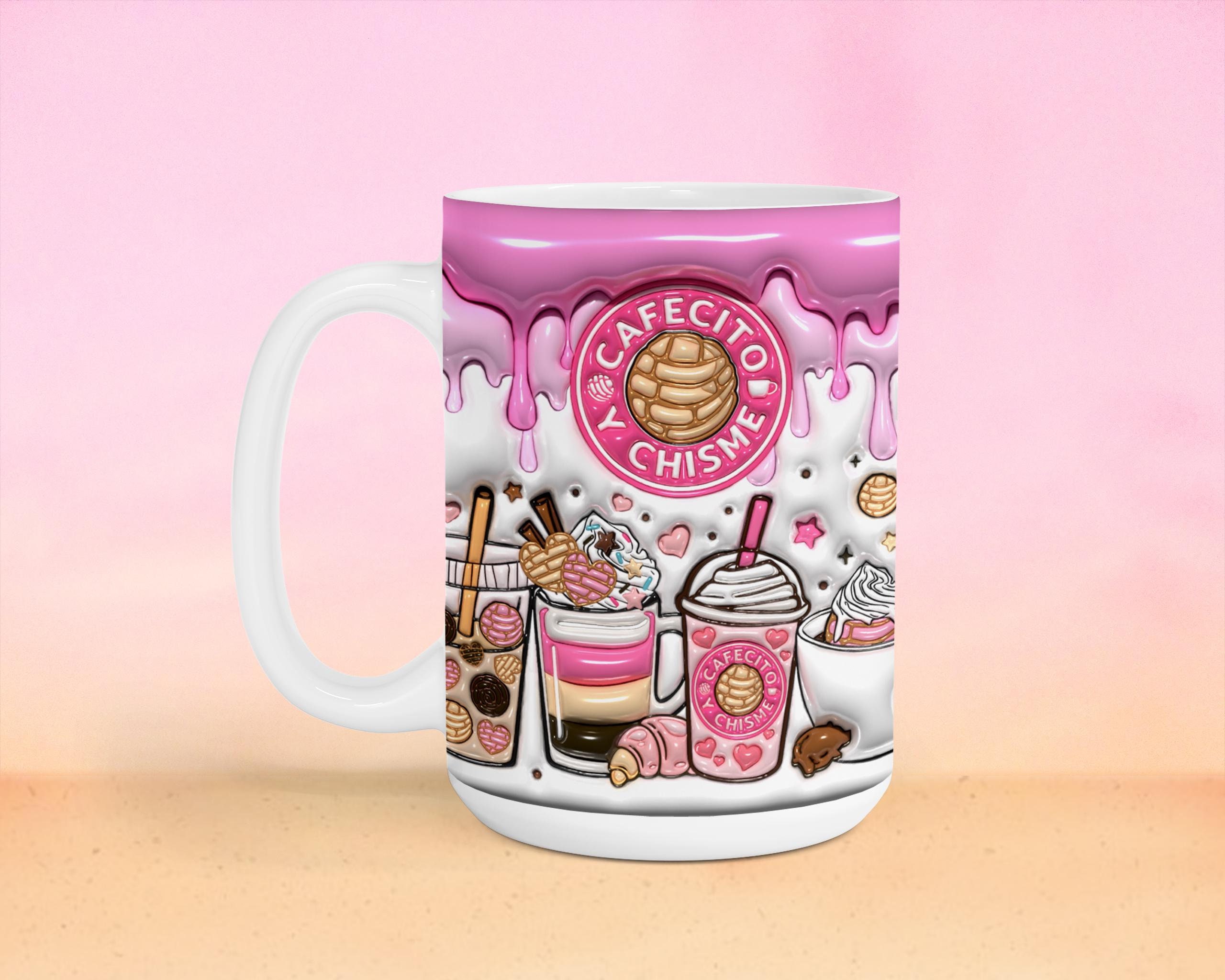 3D Cafecito y Chisme Inflated Mug 11oz 15oz, 3D Pan Dulce Mug, Mexican Gifts, Puffy Coffee Mug, Conchas Mexicanas, Digital Download