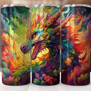 Psychedelic Vibrant Dragon 20 oz Skinny Tumbler Sublimation Design, Straight And Tapered Tumbler Wrap, Instant Digital Download PNG