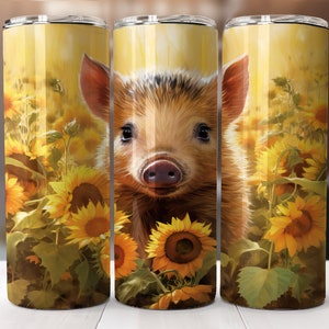 Lindo bebé cerdo en girasoles 20 oz diseño de sublimación de vaso flaco, envoltura de vaso recto y cónico, descarga digital instantánea PNG niños