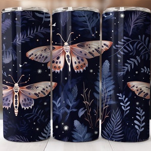 Naadloze Boho Motten & Bladeren 20 oz Skinny Tumbler Sublimation Design, Rechte en taps toelopende Tumbler Wrap, Instant Digitale Download PNG