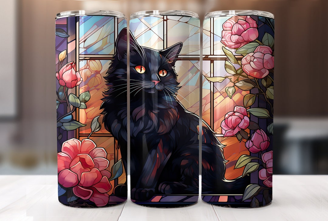 Black Cat Stained Glass Halloween 20 Oz Skinny Tumbler Sublimation ...