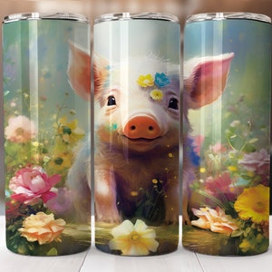 Lindo bebé cerdito con flores Diseño de sublimación de vaso flaco de 20 oz, Envoltura de vaso recto y cónico, Descarga digital instantánea PNG Niños