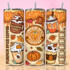 Op de afbeelding: Een roestvrijstalen beker met een herfstthema. De beker heeft illustraties van pumpkin spice koffiedranken, pompoenen en herfstbladeren. De woorden "Pumpkin Spice Coffee" staan op de beker.