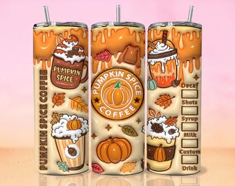 3D Inflated Pumpkin Spice Coffee Tumbler Wrap Fall Tumbler Wrap 20oz Skinny Tumbler Sublimation Design, Leopard Pumpkin Fall Coffee Tumbler