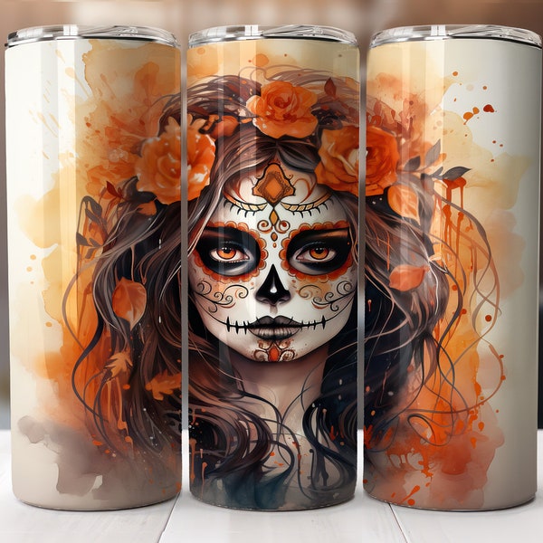 Halloween Sugar Skull Girl Gothic 20 oz Skinny Tumbler Sublimation Design, Straight And Tapered Tumbler Wrap, Instant Digital Download PNG