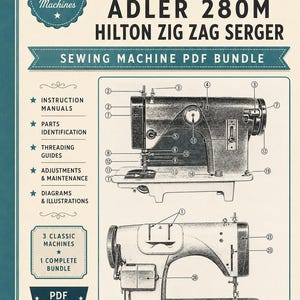 May include: A digital document bundle featuring instruction manuals for Riccar 333, Adler 280M, and Hilton Zig Zag Serger sewing machines. The graphic includes technical diagrams with numbered parts, text labels, and a cream background with teal accents.