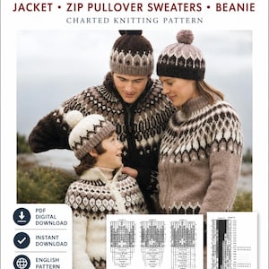 Chaqueta nórdica islandesa Fair Isle con cremallera, suéter, gorro, patrón de tejido PDF vintage Fairisle para Navidad, descarga instantánea.