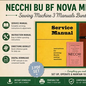 Manuels d'entretien, de réparation et de dépannage pour machines à coudre Necchi BU BF Nova Mira (PDF, anglais, version vintage) - Téléchargement instantané