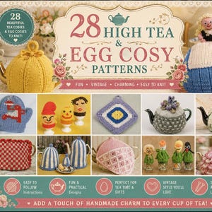 May include: A book cover titled 28 High Tea & Egg Cosy Patterns featuring various knitted tea and egg cosies. The cover displays a yellow ribbed tea cosy, a doll-shaped cosy, and several smaller knitted designs including gnomes and floral patterns.
