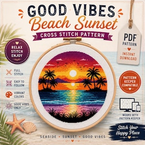Patrón de punto de cruz en PDF "Good Vibes Beach Orange Sunset", compatible con el diseño de Keeper, patrón costero, decoración en PDF, regalo tropical, descarga instantánea.