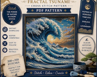 Gran Ola Fractal Tsunami Arte Abstracto Punto de Cruz Patrón PDF Compatible con Keeper Diseño Hokusai Océano Japonés Costa PDF Decoración Descarga