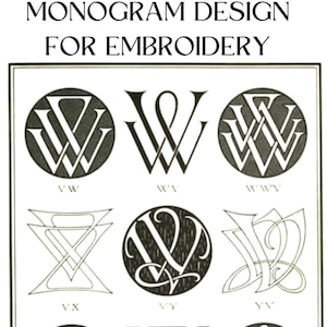 Könnte beinhalten: Neun schwarz-weiße Monogramm-Designs für Stickerei, die den Buchstaben "W" in verschiedenen Stilen und Kombinationen zeigen.