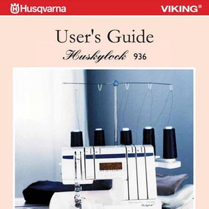 May include: A white Husqvarna Viking Huskylock 936 overlocker sewing machine with a black foot pedal and four spools of thread. The machine is on a wooden table with fabric scraps and spools of thread.
