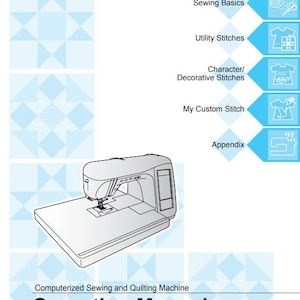 Peut inclure: Une illustration en noir et blanc d'une machine à coudre avec un écran numérique. L'image provient d'un manuel d'utilisation de machine à coudre Brother. Le manuel comprend des sections pour se préparer, les bases de la couture, les points utilitaires, les points de caractère/décoratifs, mon point personnalisé et l'annexe.