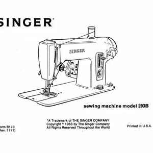 Puede incluir: Un dibujo en blanco y negro de una máquina de coser Singer modelo 293B. La imagen incluye el texto "SINGER" y "máquina de coser modelo 293B".