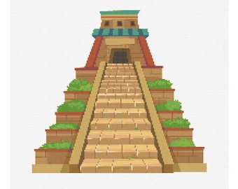 Patrón de diseño en PDF para punto de cruz, compatible con templo zigurat maya azteca, estilo nativo americano, descarga instantánea de PDF para bordado