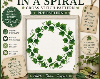 Hojas de hiedra en espiral. Diseño de punto de cruz en PDF. Patrón compatible con Keeper. Patrón de bordado a mano para cojín en PDF y SVG. Descarga instantánea.