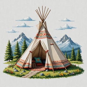 May include: A white teepee tent with red and black geometric patterns, set up in a grassy clearing with a backdrop of snow-capped mountains and a blue sky with white clouds.