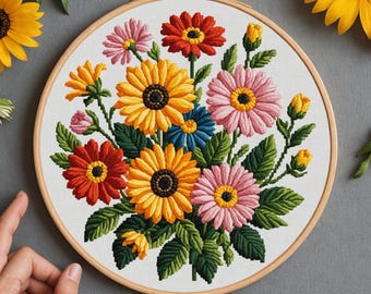 Diseño de punto de cruz de girasoles, margaritas y gerberas en formato PDF, compatible con Pattern Keeper. Descarga instantánea del PDF de bordado de girasoles.