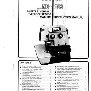 Może przedstawiać: Czarno-biała instrukcja obsługi do maszyny do szycia overlock Bernina MO-203 z 1 igłą i 3 nitkami. Instrukcja zawiera spis treści, w tym przepisy bezpieczeństwa, instrukcje nawlekania i sposób użycia pedału nożnego.