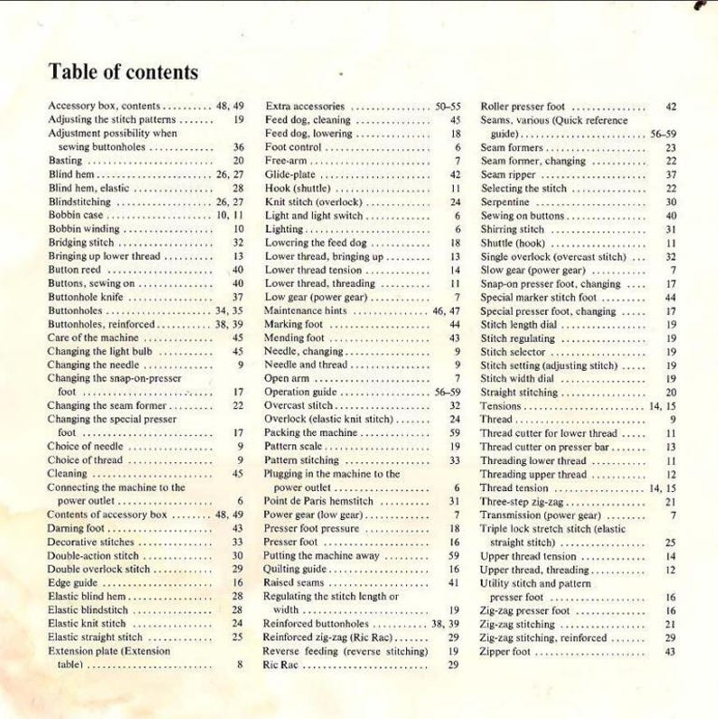 Pu&ograve; includere: Una pagina di indice in bianco e nero di un manuale di macchina da cucire. La pagina elenca varie tecniche e funzionalit&agrave; di cucito, tra cui asole, cuciture, punti e infilaggio.